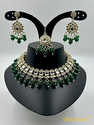 Light Gold Kundan Necklace with Bead Drops A1TJ00046B Light Gold Kundan Necklace with Bead Drops A1TJ00046B