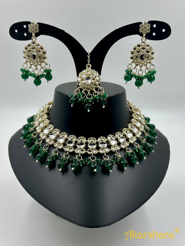Light Gold Kundan Necklace with Bead Drops A1TJ00046B Light Gold Kundan Necklace with Bead Drops A1TJ00046B