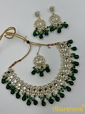 Light Gold Kundan Necklace with Bead Drops A1TJ00046B Light Gold Kundan Necklace with Bead Drops A1TJ00046B