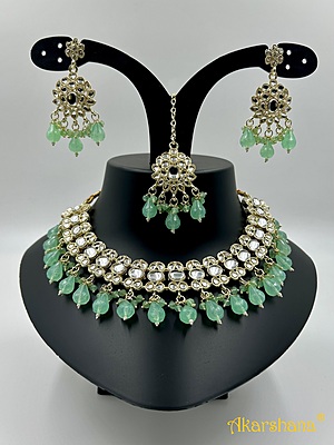 Light Gold Kundan Necklace with Bead Drops A1TJ00046C Light Gold Kundan Necklace with Bead Drops A1TJ00046C