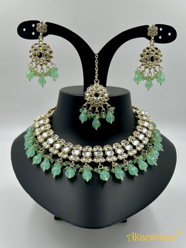 Light Gold Kundan Necklace with Bead Drops A1TJ00046C Light Gold Kundan Necklace with Bead Drops A1TJ00046C