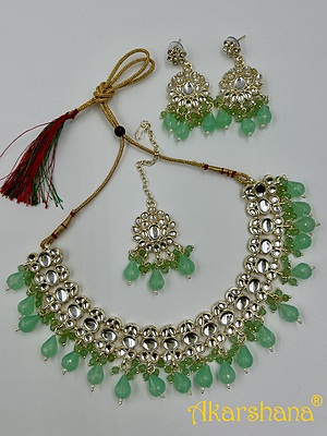 Light Gold Kundan Necklace with Bead Drops A1TJ00046C Light Gold Kundan Necklace with Bead Drops A1TJ00046C