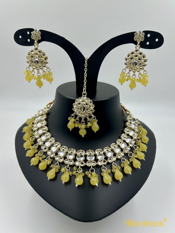 Light Gold Kundan Necklace with Bead Drops A1TJ00046D Light Gold Kundan Necklace with Bead Drops A1TJ00046D