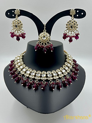 Light Gold Kundan Necklace with Bead Drops A1TJ00046E Light Gold Kundan Necklace with Bead Drops A1TJ00046E