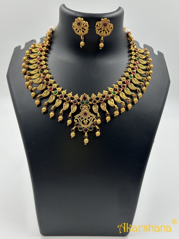 Mat Finish Mango Pattern Necklace with Studs A1TJ00079 Mat Finish Mango Pattern Necklace with Studs A1TJ00079