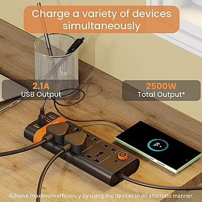 Ambrane Extension Board, 10 Ports with 4 USB Ports + 6 Power Sockets Smart Electric Surge Protector Multi Plug with 2500W, 3Mtr Cord Length, 2.1A USB Output Smartstrip
