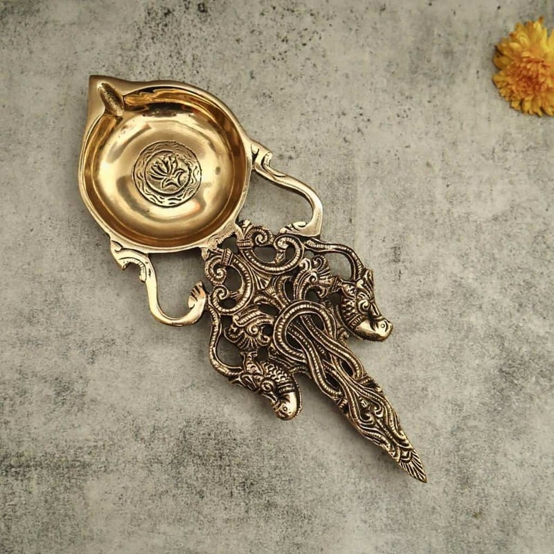 Brass Aarti Spoon - 11 inch Length | Long Brass Aarti Spoon for Sacred Rituals and Worship Brass Aarti Spoon - 11 inch Length | Long Brass Aarti Spoon for Sacred Rituals and Worship