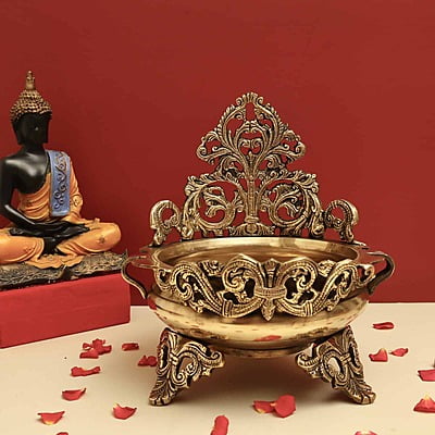 Brass Designer Urli Decorative Bowl - 10 inch Height | Artistic Brass Urli Decorative Bowl with Intricate Design for Stylish Decor