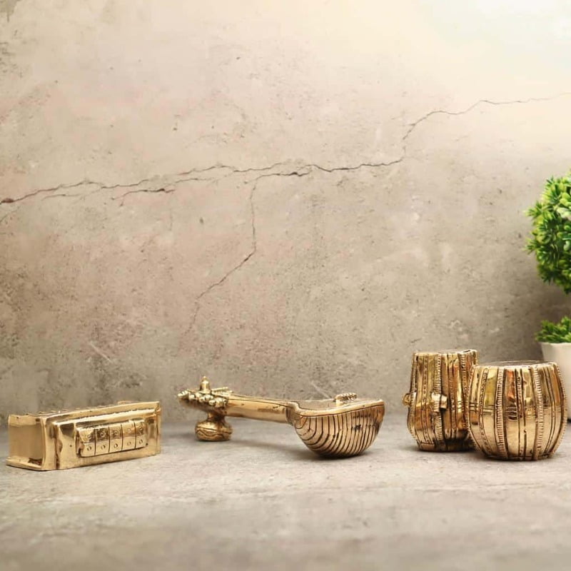 Brass Musical Decor Set - Tabla, Dugi, Sitar and Harmonium - 2.5 inch Height | Decorative Brass Musical Set with Tabla, Dugi, Sitar, and Harmonium Brass Musical Decor Set - Tabla, Dugi, Sitar and Harmonium - 2.5 inch Height | Decorative Brass Musical Set with Tabla, Dugi, Sitar, and Harmonium