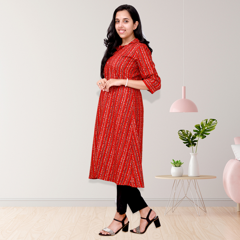 Aami Feeling Foil "A" Line Brick Red with Striped Top