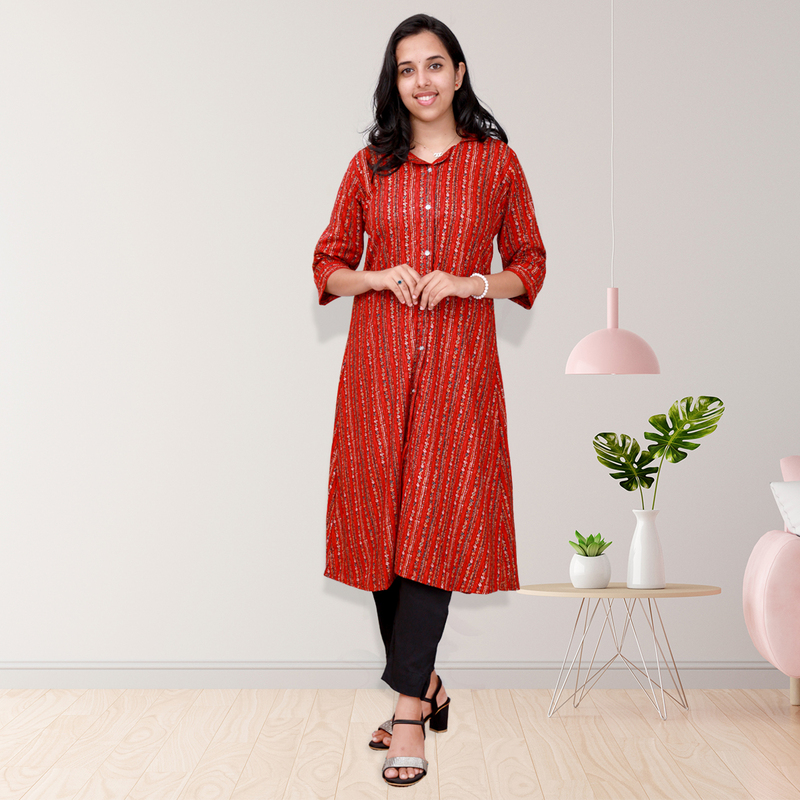 Aami Feeling Foil "A" Line Brick Red with Striped Top