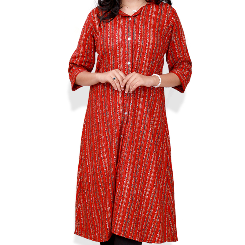 Aami Feeling Foil "A" Line Brick Red with Striped Top
