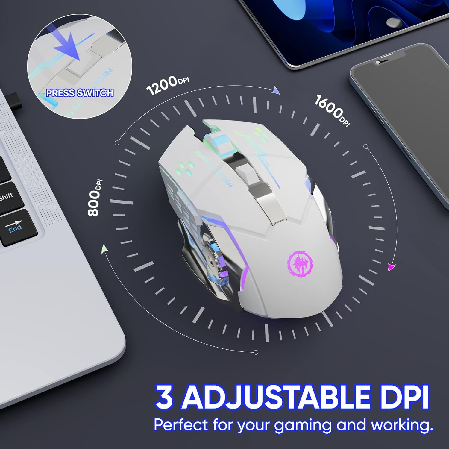 Wireless Gaming Mouse AD-WB-148, Bluetooth RGB Rechargeable, 2.4G USB, 7-Color Backlit, 6 Buttons and Silent Click for Laptop, PC, Mac Wireless Gaming Mouse AD-WB-148, Bluetooth RGB Rechargeable, 2.4G USB, 7-Color Backlit, 6 Buttons and Silent Click for Laptop, PC, Mac
