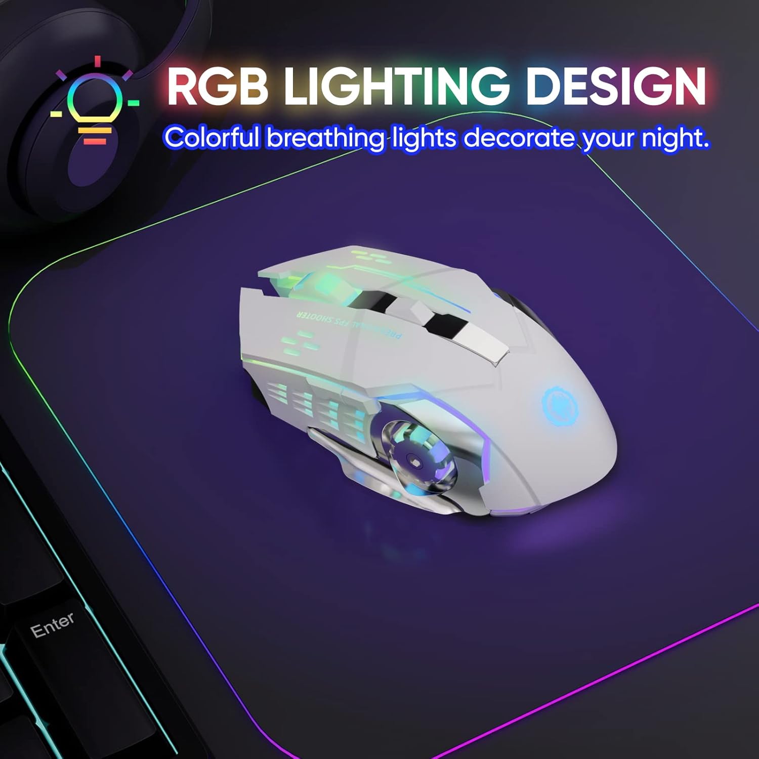 Wireless Gaming Mouse AD-WB-148, Bluetooth RGB Rechargeable, 2.4G USB, 7-Color Backlit, 6 Buttons and Silent Click for Laptop, PC, Mac Wireless Gaming Mouse AD-WB-148, Bluetooth RGB Rechargeable, 2.4G USB, 7-Color Backlit, 6 Buttons and Silent Click for Laptop, PC, Mac