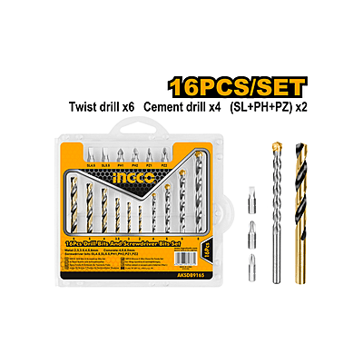 INGCO 16 Pcs Drill Bits & Screwdriver Bits Set AKSDB9165