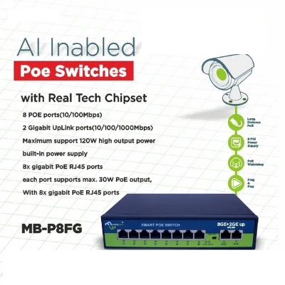 Ai Poe 8+2 Over Ethernet Switch Full Giga Port (8Ge + 2Ge), 802.3Af/At Poe+ 100MB-ps, 120W BuiltIn Power, Extend To 250Meter,Unmanaged Metal Plug And Play Ai Poe 8+2 Over Ethernet Switch Full Giga Port (8Ge + 2Ge), 802.3Af/At Poe+ 100MB-ps, 120W BuiltIn Power, Extend To 250Meter,Unmanaged Metal Plug And Play