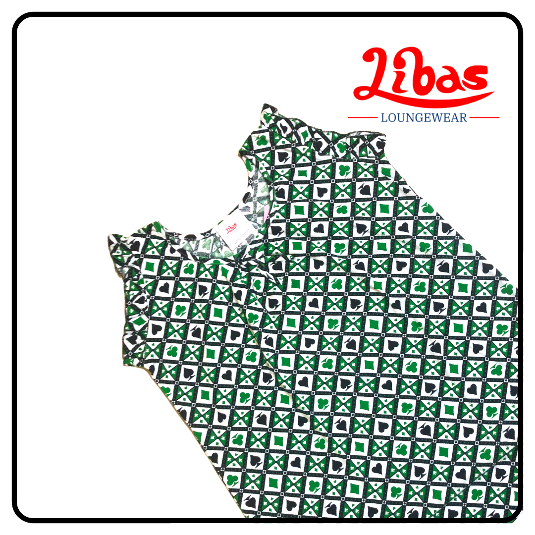 All over green & black geometric print hosiery cotton sleeveless nighty from libas-SL022
