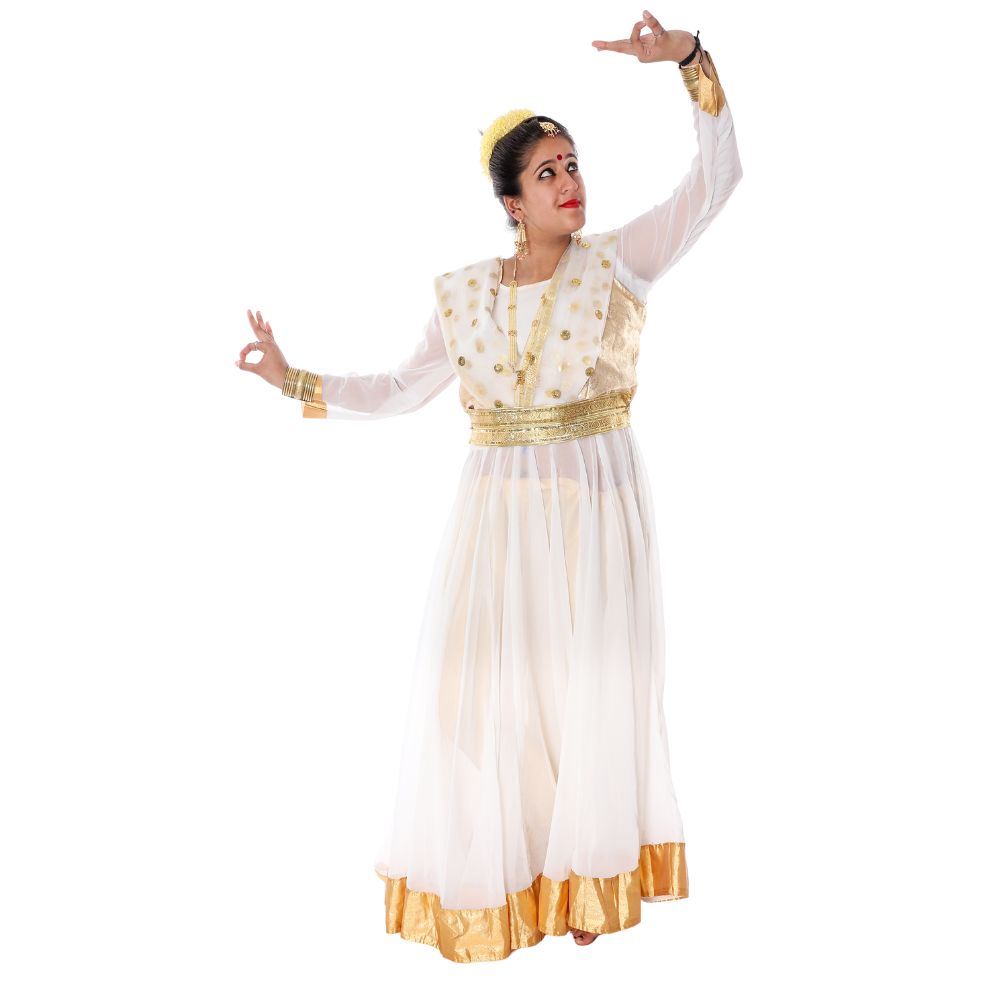 Anarkali Kathak Dance Dress for Girls – White & Golden Costume