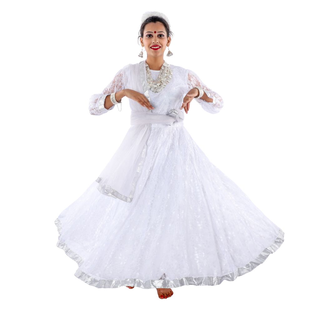 Kathak Anarkali Dance Dress for Girls – White & Silver Costume