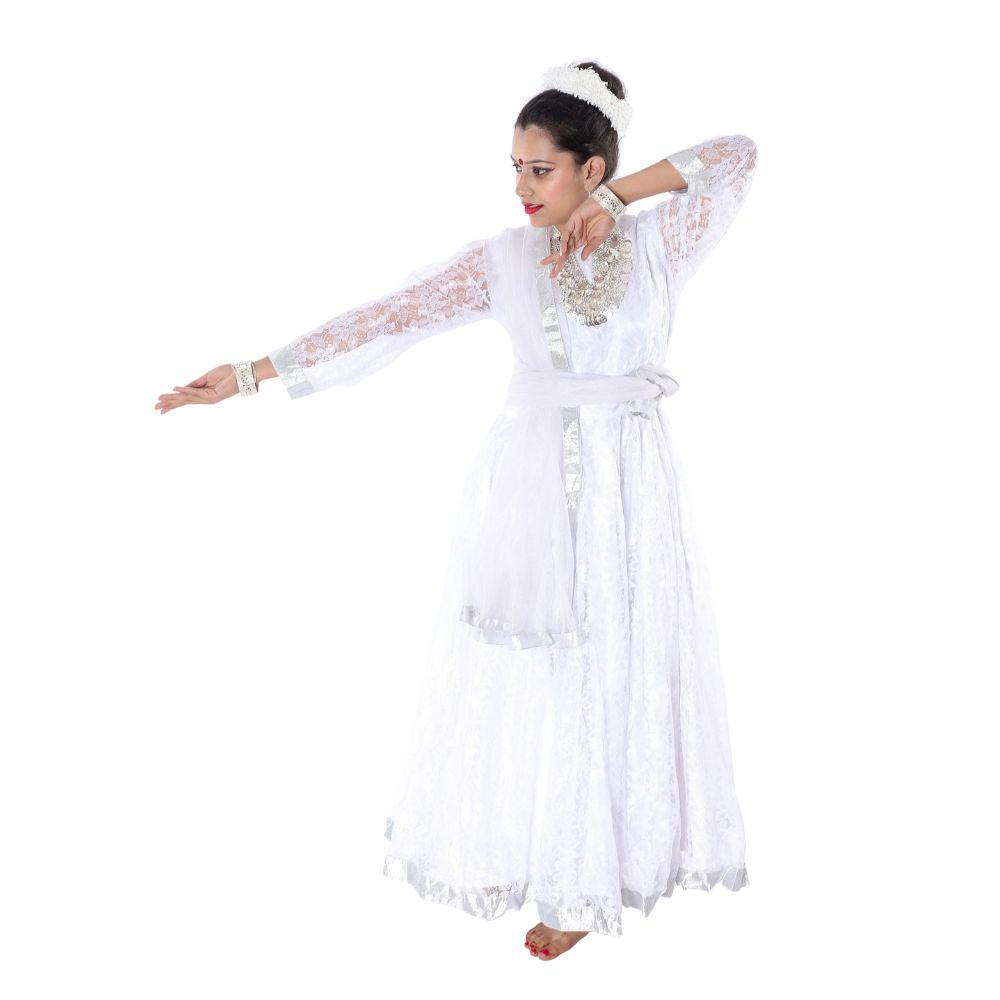 Kathak Anarkali Dance Dress for Girls – White & Silver Costume