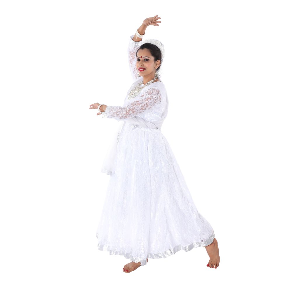 Kathak Anarkali Dance Dress for Girls – White & Silver Costume