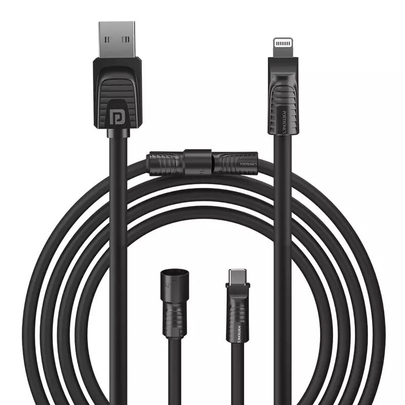 Portronics Konnect Tetra 60W 4 in 1 Multi Functional Fast Charging PD Cable with 1.4M Length, 480Mbps Data Sync, Compatible with All Type C Android Smartphone & Lightning Device(Black) Portronics Konnect Tetra 60W 4 in 1 Multi Functional Fast Charging PD Cable with 1.4M Length, 480Mbps Data Sync, Compatible with All Type C Android Smartphone & Lightning Device(Black)