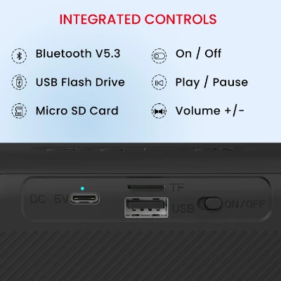 Portronics Plugs 2 8W Portable Bluetooth Speaker with Inbuilt Mic, Dynamic RGB Lights, Bluetooth 5.3V, USB Drive Port, SD Card Port, IPX5 Water Resistant, Integrated Controls, Type C Charging(Black) Portronics Plugs 2 8W Portable Bluetooth Speaker with Inbuilt Mic, Dynamic RGB Lights, Bluetooth 5.3V, USB Drive Port, SD Card Port, IPX5 Water Resistant, Integrated Controls, Type C Charging(Black)