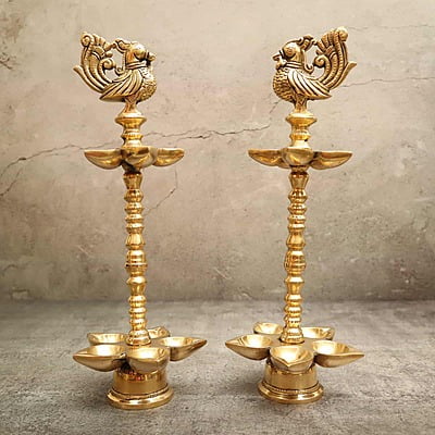 Brass Peacock Oil Lamp 10 Wick Diya Pair - 13 inch Height | Majestic Brass Peacock Oil Lamp with 10 Wicks for Illumination and Beauty