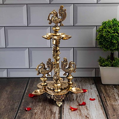 Brass Four Birds Eight Wick Diya Lamp - 11 inch Height | Exquisite Brass Diya Lamp with Four Birds and Eight Wicks for Rituals and Illumination