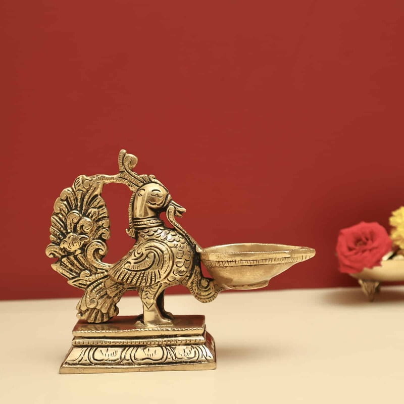 Brass Peacock Design Diya for Pooja and Home Decor - 6.2 inch Height | Ornate Brass Diya with Peacock Design for Pooja and Decorative Purposes Brass Peacock Design Diya for Pooja and Home Decor - 6.2 inch Height | Ornate Brass Diya with Peacock Design for Pooja and Decorative Purposes