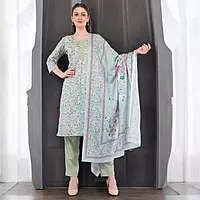 Cotton Salwar Suit Set, Mint Green Floral Print, Embroidered Kurta with Dupatta and Pants, 3-Piece