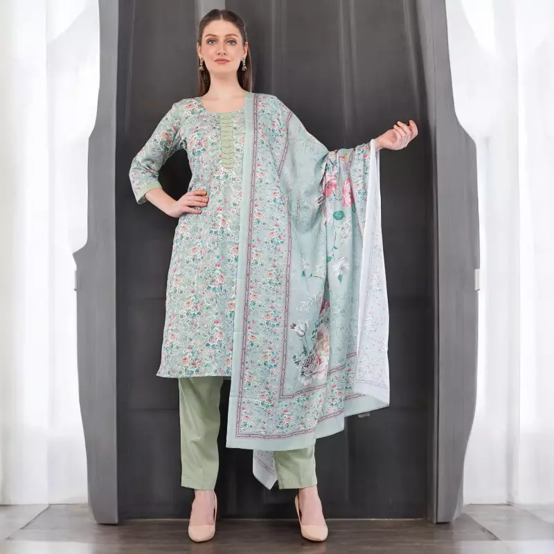 Cotton Salwar Suit Set, Mint Green Floral Print, Embroidered Kurta with Dupatta and Pants, 3-Piece