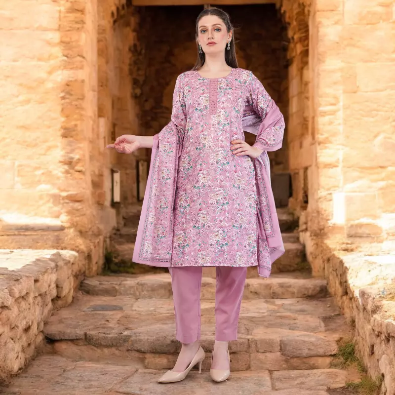 Women's Floral Print Embroidered Cotton Salwar Suit Set, Pink, 3-Piece with Dupatta