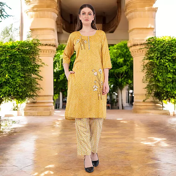 Traditional Cotton Salwar Kameez with Dupatta, Yellow Printed, 3-Piece Ethnic Set