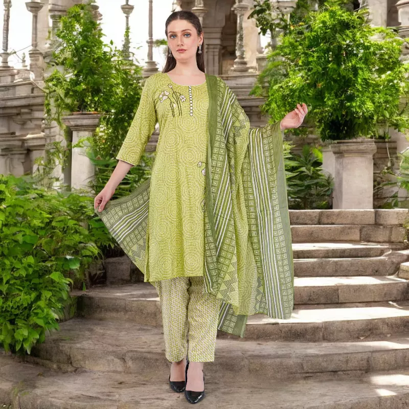 Women's Cotton Salwar Suit Set, Green Printed Kurta with Geometric Pattern Dupatta, 3/4 Sleeve