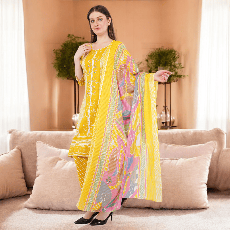 Cotton Salwar Suit with Floral Dupatta, Yellow Printed Dress Set, Indian Ethnic Wear