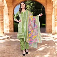Cotton Salwar Kameez Suit Set, Green Printed, 3-Piece with Floral Dupatta