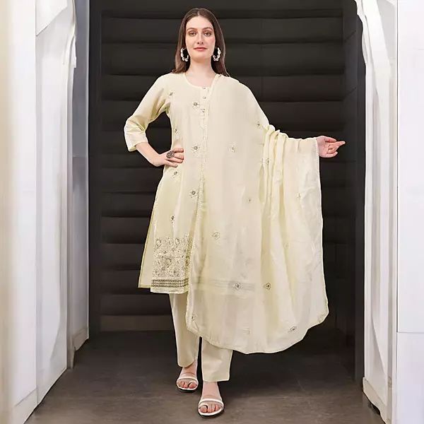 Women's Cream Cotton Salwar Suit Set with Embroidered Kurta, Pants and Dupatta, 3/4 Sleeve