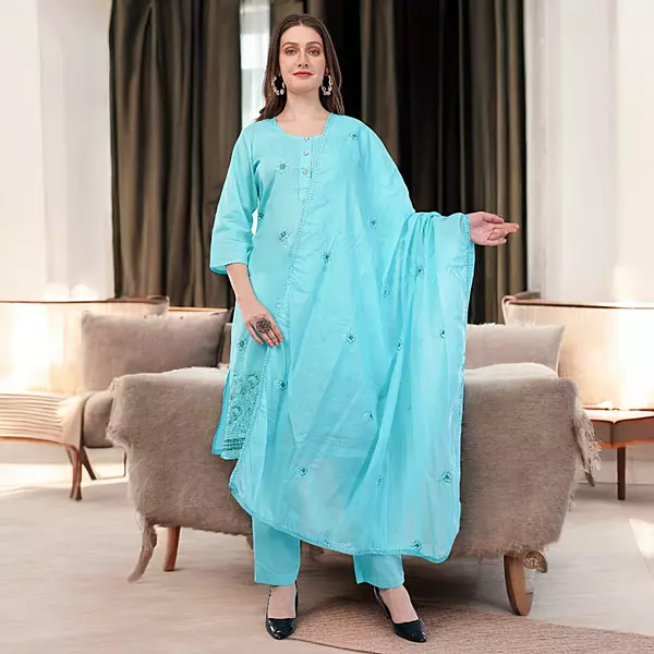 Women's Turquoise Embroidered Cotton Salwar Suit Set with Dupatta, 3-Piece Traditional Dress
