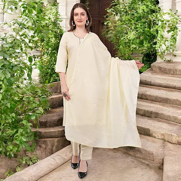 Cotton Salwar Suit Set with Embroidered Details, 3/4 Sleeves, Cream Colour, Dupatta Included