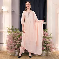 Peach Embroidered Cotton Salwar Suit Set, 3-Piece Traditional Dress with Dupatta