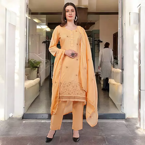Women's Peach Embroidered Cotton Salwar Suit Set with Dupatta, Long Sleeves, 3 Piece Traditional Dress