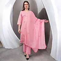 Women's Pink Embroidered Cotton Salwar Suit Set, 3/4 Sleeve Kurta with Pants and Dupatta