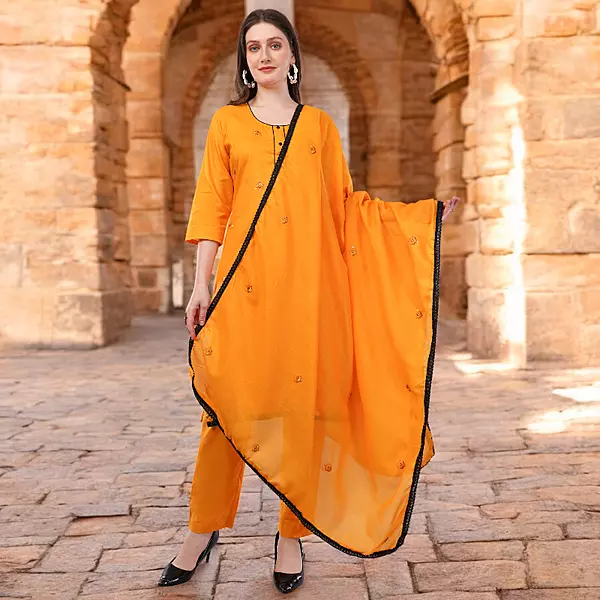 Cotton Salwar Suit with Dupatta, Orange, Embroidered, 3/4 Sleeve