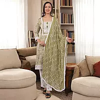 Traditional Salwar Suit Set, Olive Green with White Embroidery, Long Sleeves, Cotton pants