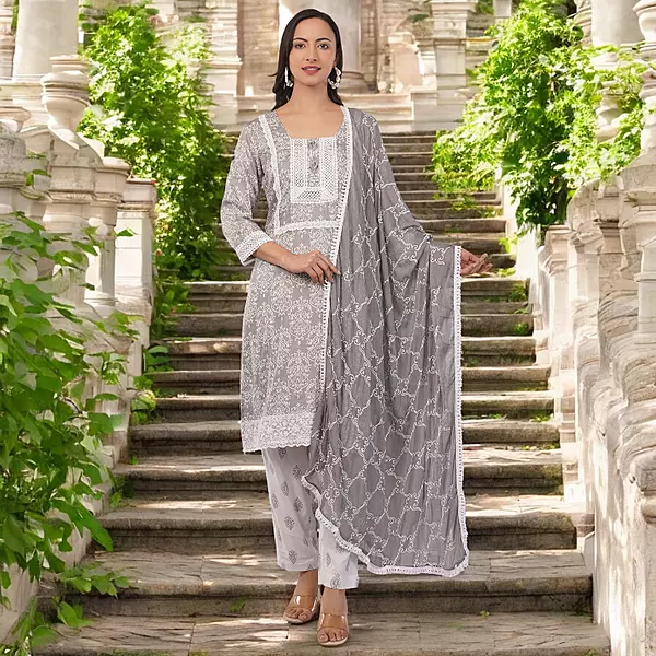 Traditional Embroidered Cotton Salwar Suit Set with Lace Detail, Grey and White, 3-Piece