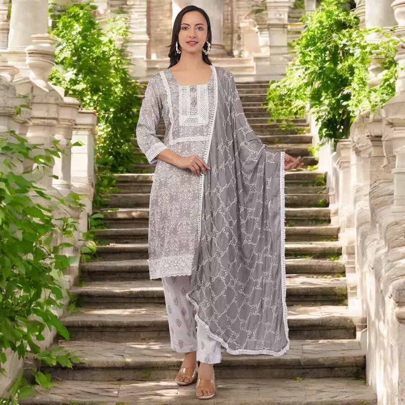 Traditional Embroidered Cotton Salwar Suit Set with Lace Detail, Grey and White, 3-Piece
