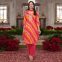Women's Bandhani Print Salwar Suit Set, Red and Yellow, 3/4 Sleeve Kurta with Pants and Dupatta
