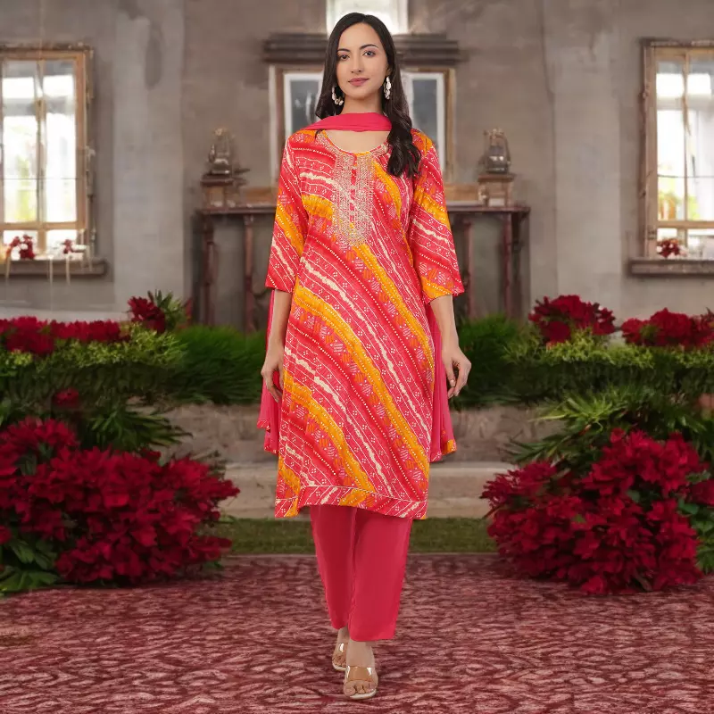 Women's Bandhani Print Salwar Suit Set, Red and Yellow, 3/4 Sleeve Kurta with Pants and Dupatta