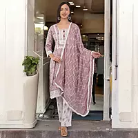 Traditional Embroidered and printed Salwar Suit Set, Mauve Pink with White Lace, Cotton